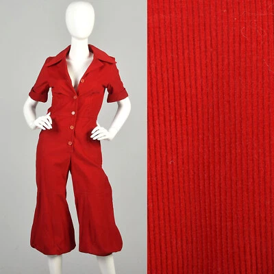 1970s Small Medium Red Corduroy Jumpsuit Button Up Cuffs Collared Good Condition - Image 1 of 4