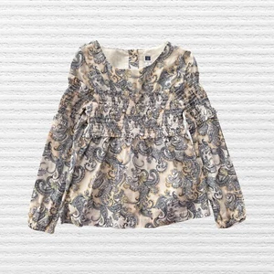 Janie and Jack Girls Smocked Paisley Blouse Blue Gold Long Sleeve Lined Size 6 - Picture 1 of 11