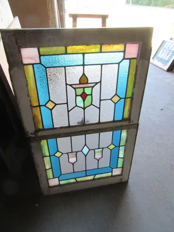 ~ ANTIQUE STAINED GLASS WINDOWS ~ TOP AND BOTTOM SET ~ ARCHITECTURAL SALVAGE Cover