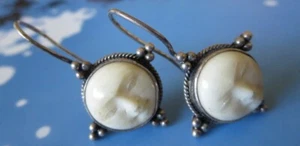 925 Silver Carved Moon Face Dangle Earrings, French Hook, from Bali Indonesia - Picture 1 of 4