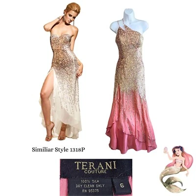 TERANI 100% Silk Coral Sand Mermaid Asymmetric Sequin Pageant/Prom Gown Size 6 - Image 1 of 4