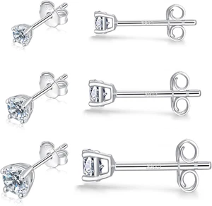 Sterling Silver Stud Earrings for Women Girls Men, Hypoallergenic Cubic Zirconia - Picture 1 of 6