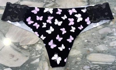 NUEVO Victoria Secret ROSA No Show Tanga Panty Inserciones de Encaje - Mariposas Negras XXL Foto 1 de 2