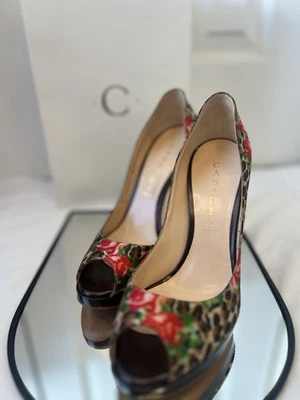 Casadei Floral Leopard Print Peep Toe Platform Pump Size 37 (US 7) Made in Italy - Image 1 of 3