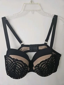 Third Love 40E Lace Demi Bra Underwire Lace Padded Black Tan Classy - Picture 1 of 18