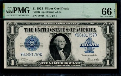 1923 $1 Silver Certificate Fr 237 PMG 66 EPQ Speelman White Y/D Block Large Size - Image 1 of 2