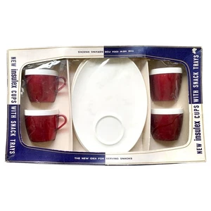 Vintage Insulex 8tlg Set Tasse Snack Tablett rot weiß isoliert Picknick Camping verpackt - Bild 1 von 23