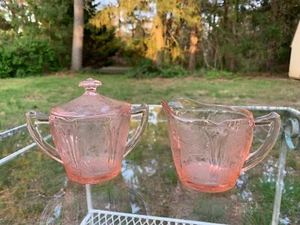 Cherry Blossom Pink Depression Glass Sugar, Creamer, & Lid Jeannette Original - Picture 1 of 24