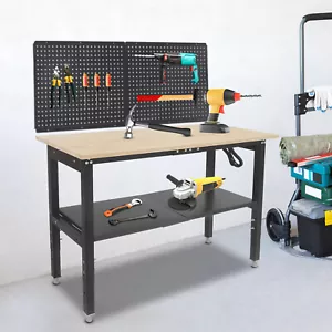 2 Tiers Work Table with Power Outlets & Pegboard, Adjustable Height Workbench - Picture 1 of 21