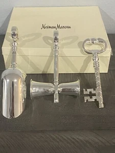 Neiman Marcus Silver plated Bar Set NIB Original Vintage Skeleton Key Corkscrew - Picture 1 of 18