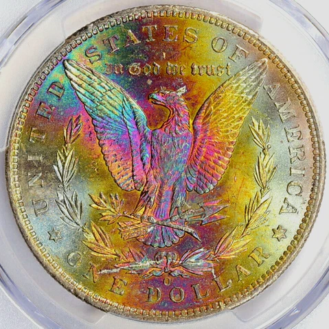 1885-O RAINBOW TONED MORGAN SILVER DOLLAR~PCGS MS64~PQ COLORFUL TONED REVERSE  * Cover