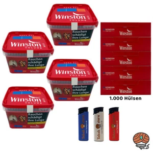 4x Winston Red/Rot Volumentabak Mega Box à 140g, Winston Hülsen, Feuerzeuge