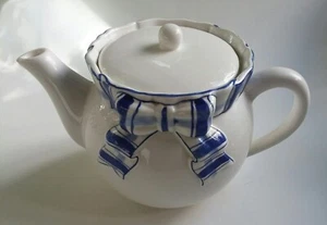 C.S. PAPEL Freelance #L54050 White With Blue Striped Ribbon Teapot Handpainted - Picture 1 of 5