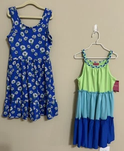 NWT Zunie size M 7/8 girls sleeveless 2 pack Blue Green flare dress - Picture 1 of 7