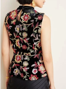 Anthropologie Top Medium Black Sleeveless Eva Franco Floral Embroidery NWT - Picture 1 of 3