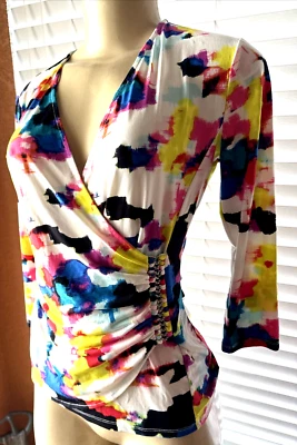 Ellen Tracy XS 彩色褶皱 3/4 袖弹力上衣 xbw — 第 1/4 张图片