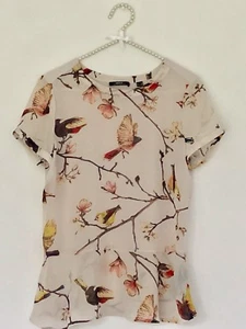 MEXX PEPLUM TOP, T-SHIRT/ BIRD PRINT/ SIZE 10, EU 38/ CREAM & BROWN/ DRESSY - Picture 1 of 8