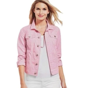 Talbots Pink Gingham Denim Jacket Pink White Plaid Women’s Size S - Picture 1 of 10