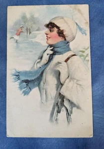 1920 Pretty Brunette Woman Wearing Scarf + Hat In Winter Skating On Pond - Picture 1 of 3