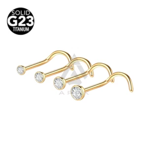 Gold Nose Stud G23 Titanium Clear Gem 1.5mm 2mm 2.5mm 3mm Hook Curve Bend 18G - Picture 1 of 5
