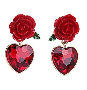 Red rose with dangling red crystal heart stud earrings - Picture 1 of 9