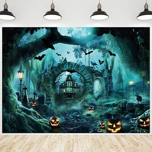 Halloween Backdrop Scary Night Full Moon Castle Pumpkins Background Bats Ceme... - Picture 1 of 9
