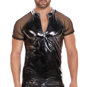 Camisetas Prendas para el torso de látex brillantes de club nocturno de manga corta de cuero de PVC de aspecto húmedo para hombre - Imagen 1 de 5