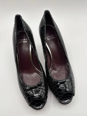 Stuart Weitzman  Plainfield Black Slip On Snake Leather Peep Toe  Heels 7.5 EUC - Image 1 of 4