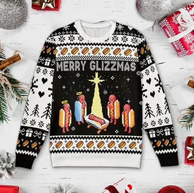 Feliz Glizzmas Feo Navidad Suéter, Hot Dog Navidad, Feliz Navidad S-5XL Foto 1 de 4