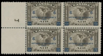 1932, CANADA-AIR POST MERCURY BLUE SURCH 6C/5C PLATE NO.1 BLOCK OF FOUR NH, U#C4 - Image 1 of 2