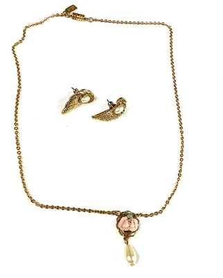 1928 Jewelry Ceramic Pink Rose & Faux Pearl 16” Necklace Earrings - Image 1 of 4