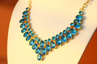 Vintage Blue topaz GemStone Necklace handmade gold Plated gift for her - Image 1 of 3
