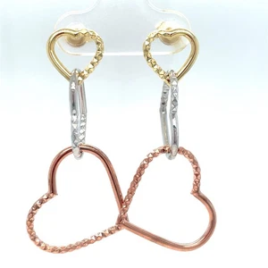 14k Tri Color Gold Women’s Hanging Heart Earrings 1.50g - Picture 1 of 3