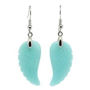 1Pair 30mm Carved Rock Blue Amazonite Crystal Angel Wing Healing Dangle Earrings - Picture 1 of 6