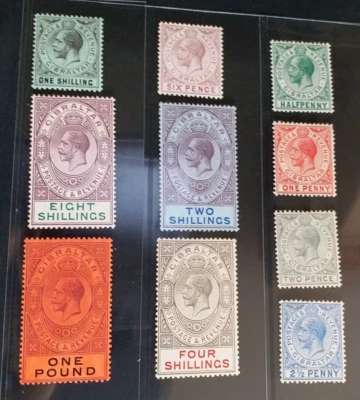 GIBRALTAR 1912 KG V 1/2d to £1 SG 76 - 85 Sc 66 - 75 wmk MCCA set 10 MLH - Image 1 of 2