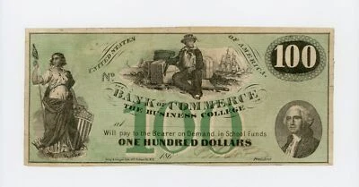 1860s $100 The Bank of Commerce in The Business College - CONNECTICUT Note - Image 1 of 2