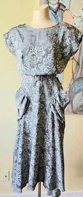 VESTIDO CINTURÓN DAMASCO DRAPEADO FLORAL PLATEADO AÑOS 80 COMO 1930 VINTAGE M Foto 1 de 4