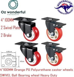 4X 4" 100mm PU Swivel Castor Wheels Trolley Furniture Heavy Duty Castors 2 Brake - Picture 1 of 7