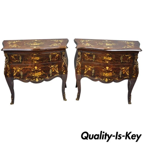 Pair Italian Inlaid French Louis XV Bombe Nightstands Commode by Roma Furniture Cover
