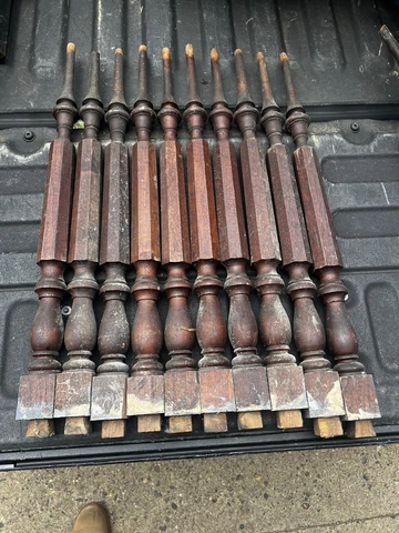 Lot of 10 c1870 chestnut turned staircase spindle balusters - 26-27” x 2” sq btm Cover