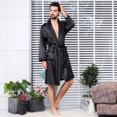 Men's Silk Kimono Robe Long Sleeve Sleepwear Bathrobe Oversized Satin Nightgown - image 1 of 4