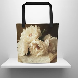 Vintage Peony Tote Bag Romantic Floral Antique Letter Cottagecore Canvas Bag - Picture 1 of 8