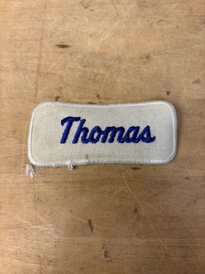 Vtg 70s THOMAS Sew On Embroidered Clothing  Uniform Name Patch BLUE & WHITE - Image 1 of 3