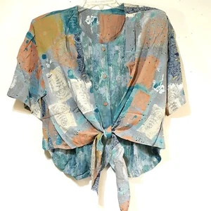 Vintage Laura Kieffer Tie Waist Button Front Blue Top Size 12 - Picture 1 of 6