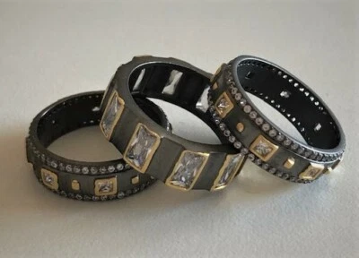 BE-JE DESIGNS Sz7 Rings stacking set/3 Black Tone Gold Framed Large CZ Baquettes - Image 1 of 3