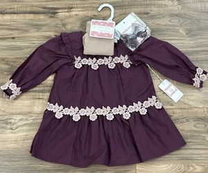 3-Pc Btween Baby Girl Dress | Floral Lace Long-Sleeve Leggings Bow 18M Plum Pink - Picture 1 of 5