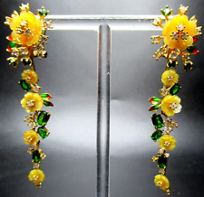 Sterling Silver 925 Beautiful Yellow Flowers Crystal Long Earrings