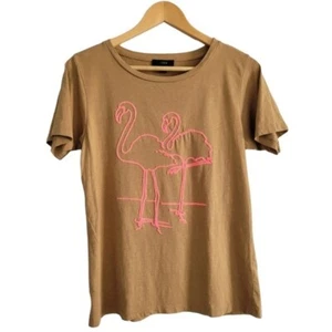 J.Crew Taupe and Pink Embroidered Flamingo Short Sleeve Tee Shirt Size Small - Picture 1 of 2