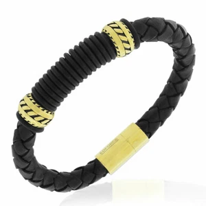EDFORCE Stainless Steel Black Leather Yellow Gold-Tone Mens Bracelet - Picture 1 of 2