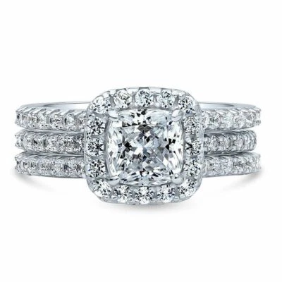 2Ct White Cushion & Round Stone Inside Out Bridal Ring Set 925 Sterling Silver - Image 1 of 4